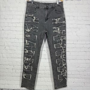 Jeans Men 38x30 Embroidered Patch Gray Chromeheart Denim Tears Style Streetwear